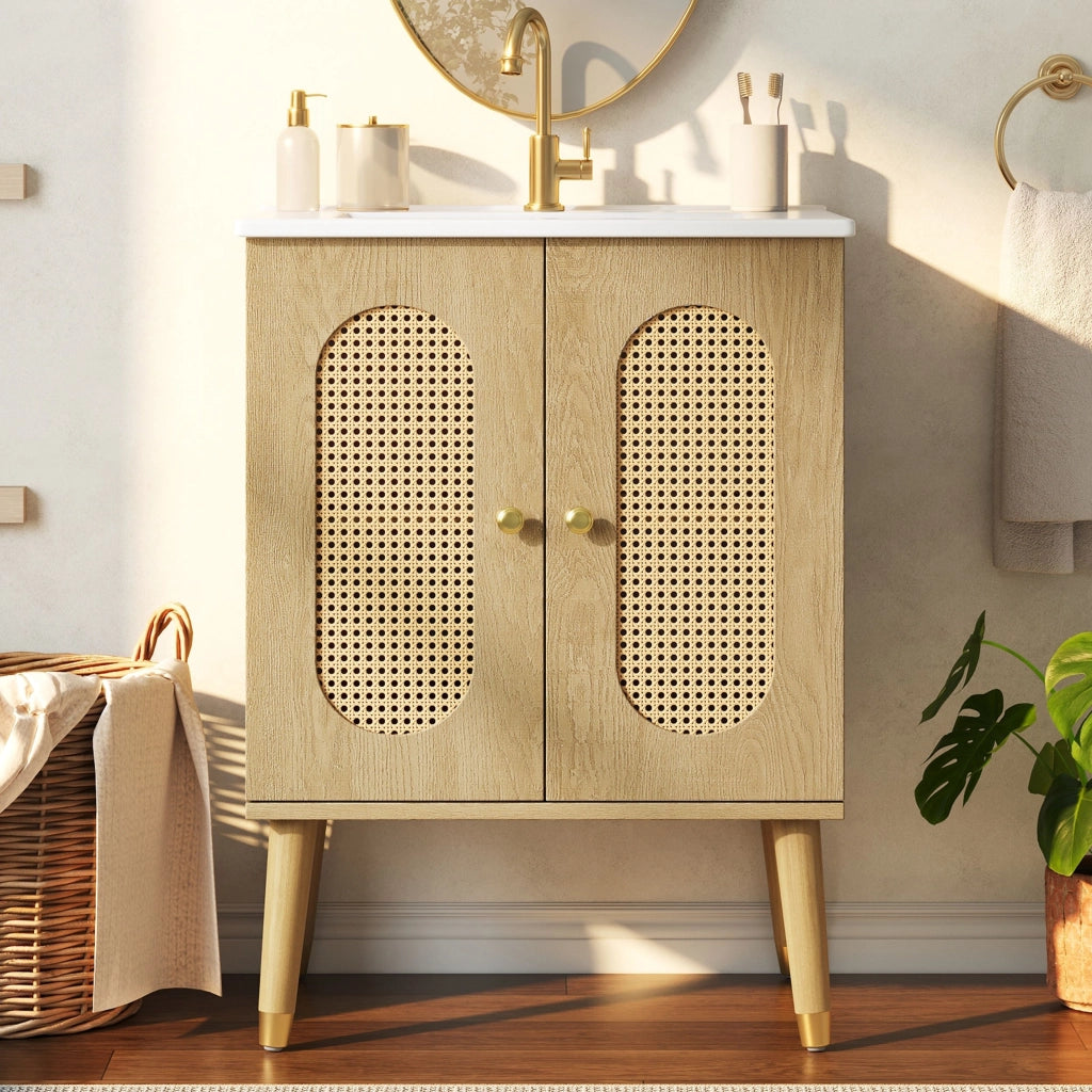 Mobile da bagno con lavabo in ceramica, ante in vimini traspiranti, ripiani portaoggetti, rubinetti non inclusi,colore del legno naturale e bianco
