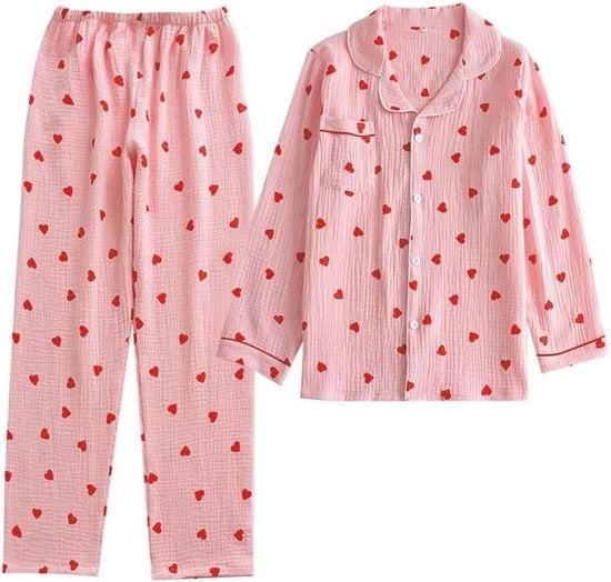 Set di Pigiami da Donna con Stampi di Cuori e Maniche Lunghe in Rosso di Natale