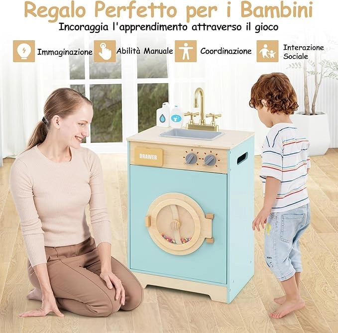Set di Gioco Lavatrice per Bambini, Giocattolo Lavatrice con Detersivo e Igienizzante per le Mani, Set in Legno con Lavabo, Cassetto e Ruota Rotante, Regalo per Bambini dai 3+ Anni
