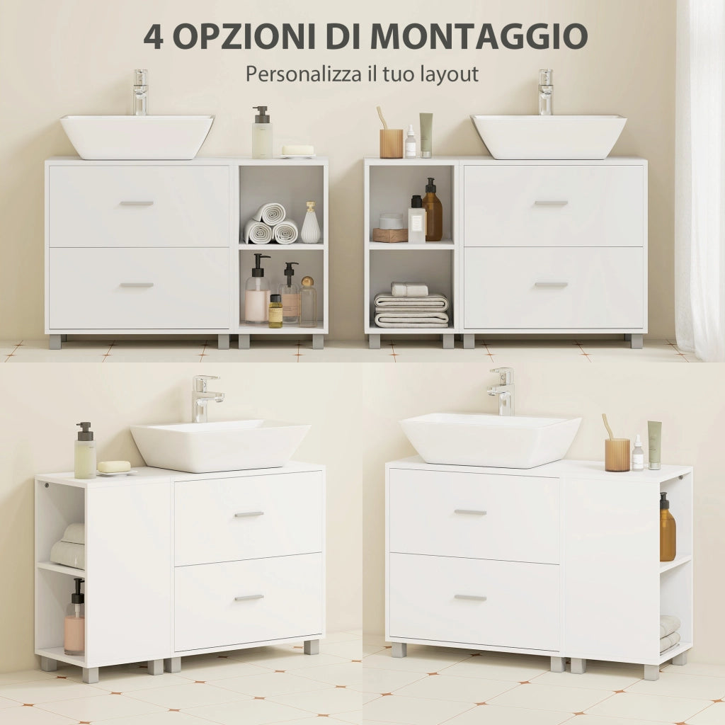 Mobile Sottolavabo Bagno con 2 Cassetti e Ripiani Aperti, in Legno, 90x30x60 cm, Bianco