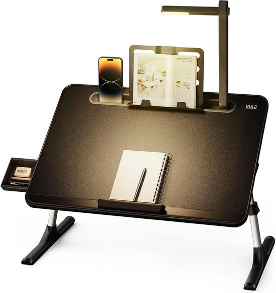 Scrivania da laptop regolabile in altezza con lampada LED, scaffale per libri e cassetto - Fessura per tablet e gambe in gomma