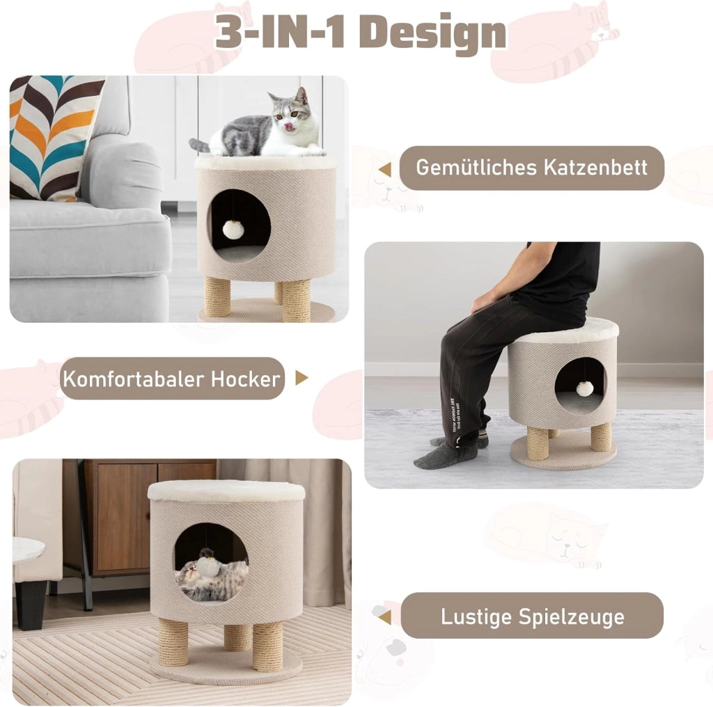 Tiragraffi per Gatti a Sgabello 47 cm, Grotta per Gatti con Palla Pompon Sospeso e 3 Tronchi Tiragraffi in Sisal, Cuccia per Gatto da Interno Piccolo Ø40, Beige