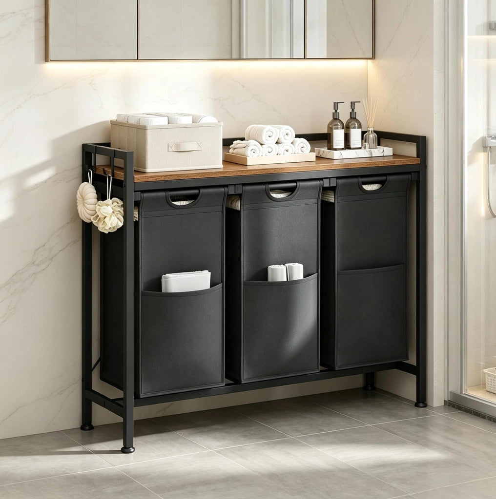 PORTABIANCHERIA con 3 cestelli estraibili 96x30x71 cm Nero/Marrone