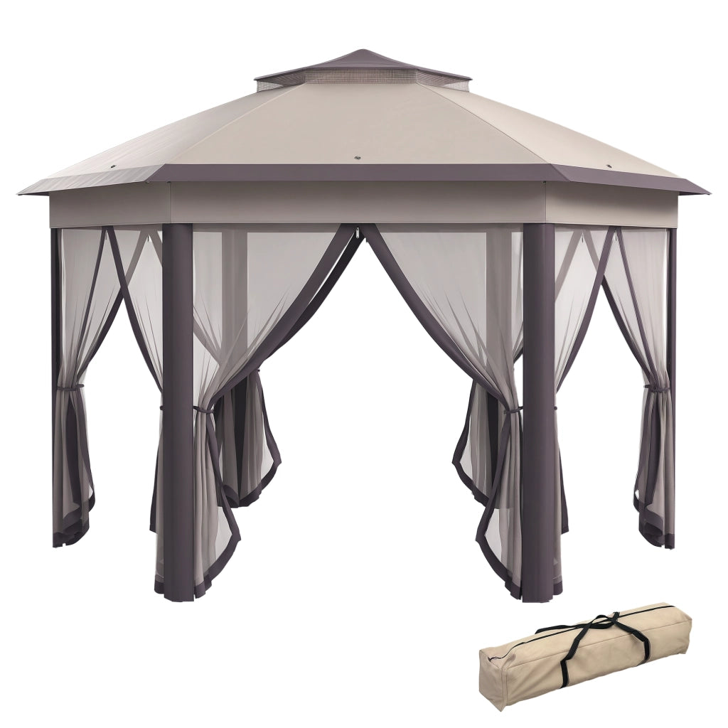 Gazebo da giardino pieghevole 4x4 m esagonale con copertura doppia e 6 pareti beige ¨C zephmum