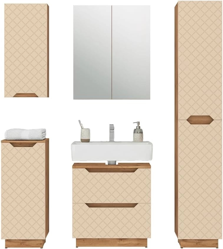 Set di mobili da bagno Lotta, Cachemire, 59.8 cm, composto da mobile sottolavabo, specchiera, colonna, base media e pensile
