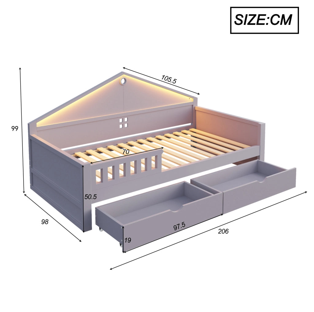Letto singolo ULEVR 90x200 cm con LED controllabile da smartphone e 2 cassetti, grigio