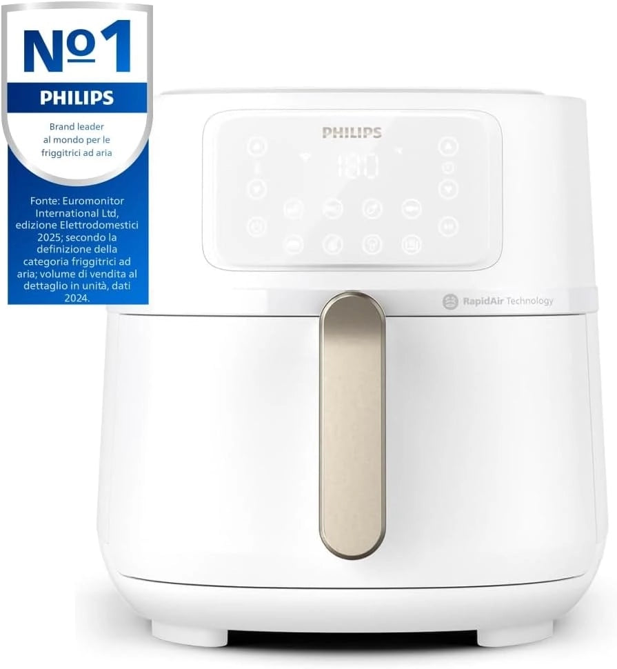 Philips Airfryer Serie 5000 XXL, 7,2L (1,4Kg) - 6 porzioni, Friggitrice ad Aria 16-in-1, connessione Wifi, 90% di grassi in meno con Tecnologia Rapid Air, app HomeID. Bianco(HD9285/00)