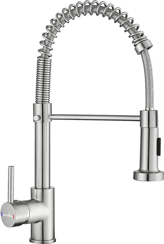 Fonte con rubinetto di cucina a sprogetto a bassa pressione con sbriciolatore a pull-down e maniglia singola rotativa 360° - commerciale - 2 modalità di sbriciolamento liscio