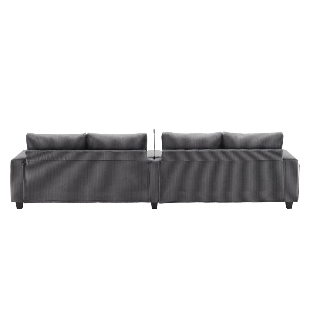 Divano a U 334x128,5x81 cm in velluto a coste grigio con LED e USB –