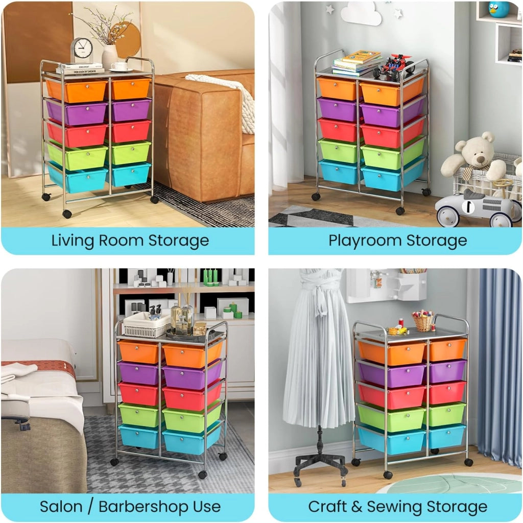 Carrello con 10 cassetti, impilabile, carrello per cassetti, carrello da cucina con ruote bloccabili, carrello per cucina, bagno, ufficio, 65,5 x 37 x 87 cm, colorato