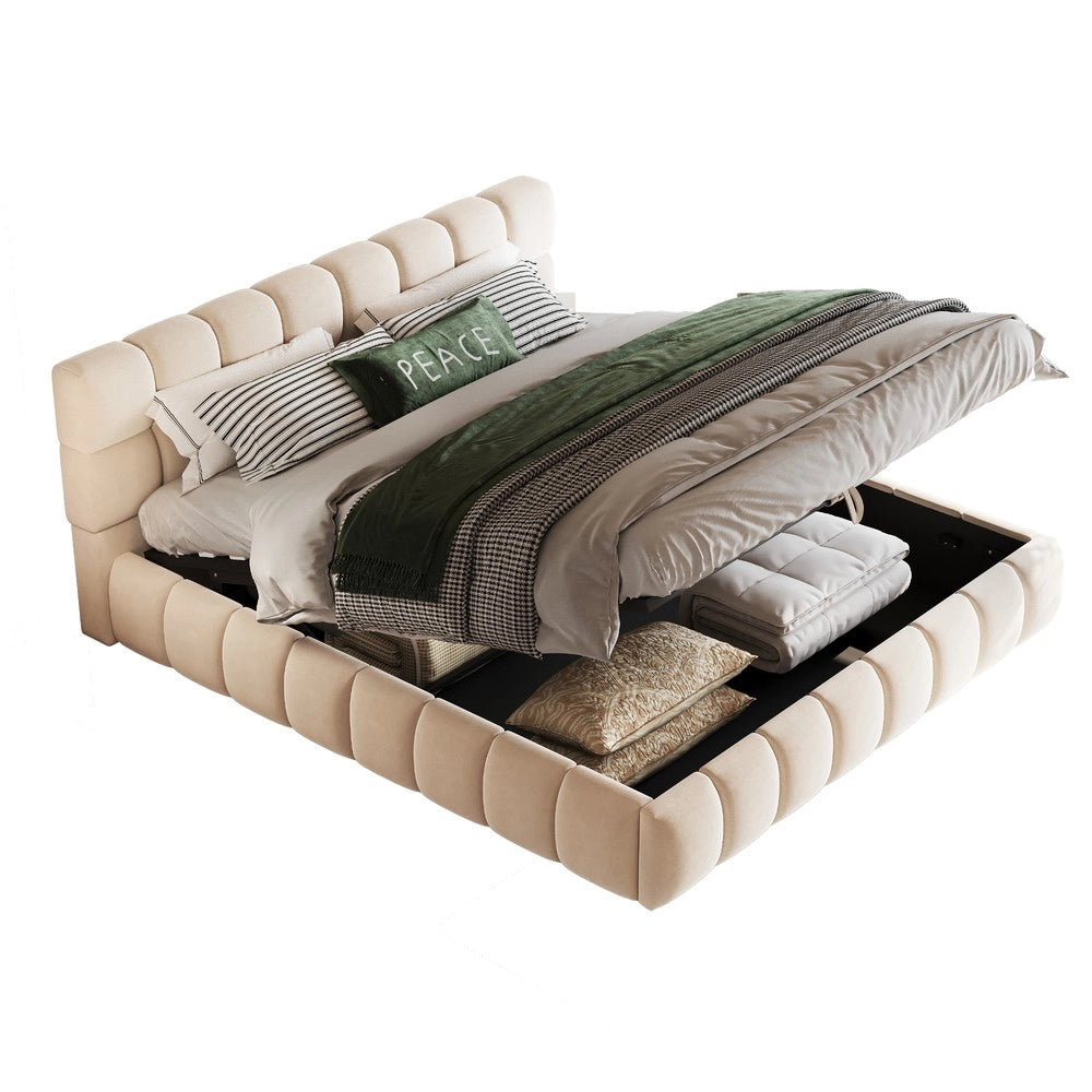 Letto Matrimoniale Imbottito Contenitore ¨C MINIMAL ¨C Velluto Beige 140x190 cm Idraulico