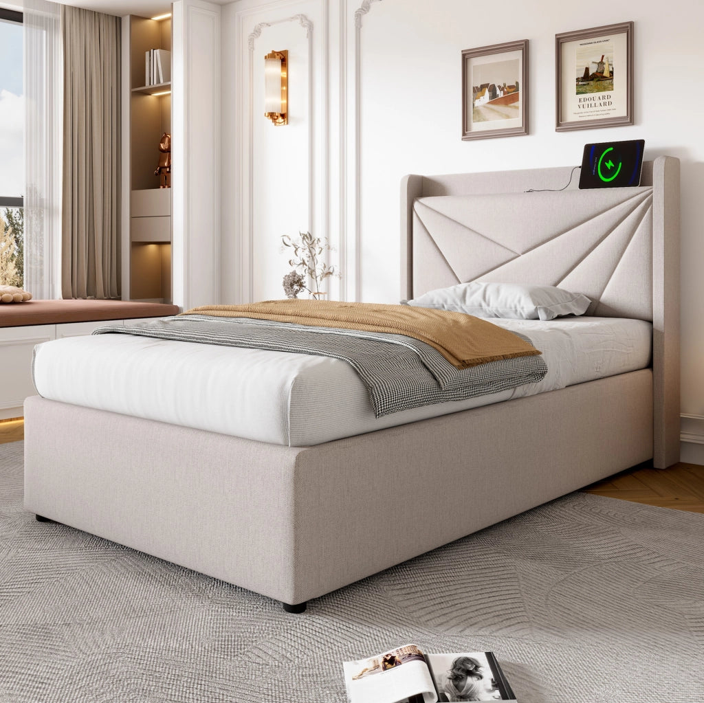Letto contenitore 90x200 cm con USB e USB C; testiera imbottita; beige