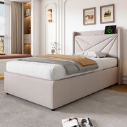 Letto contenitore 90x200 cm con USB e USB C; testiera imbottita; beige