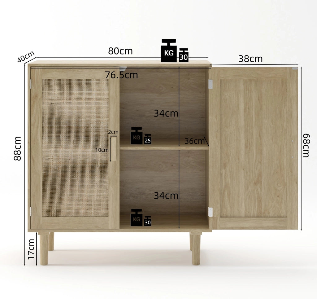 Armadio contenitore a due ante in rattan con maniglie in legno massiccio