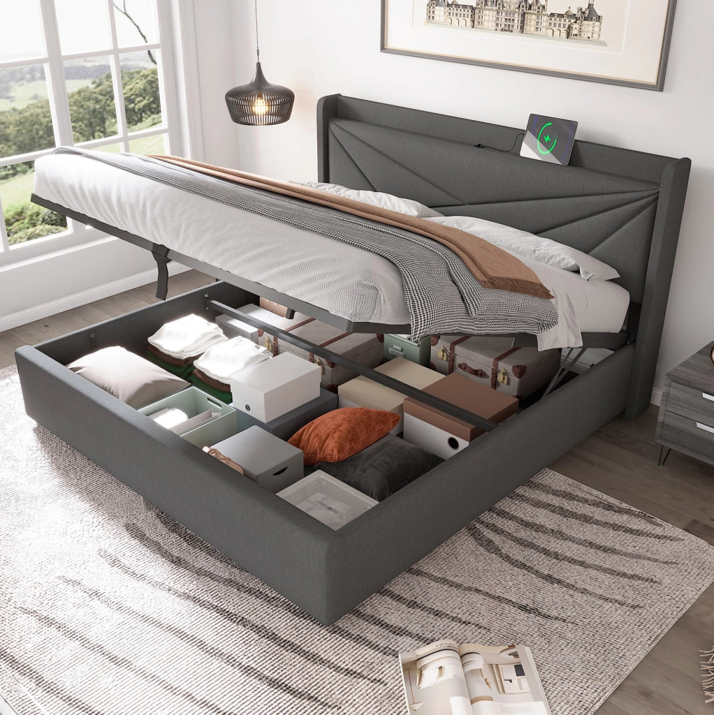Letto matrimoniale 160x200 grigio con vano contenitore, USB e Type-C