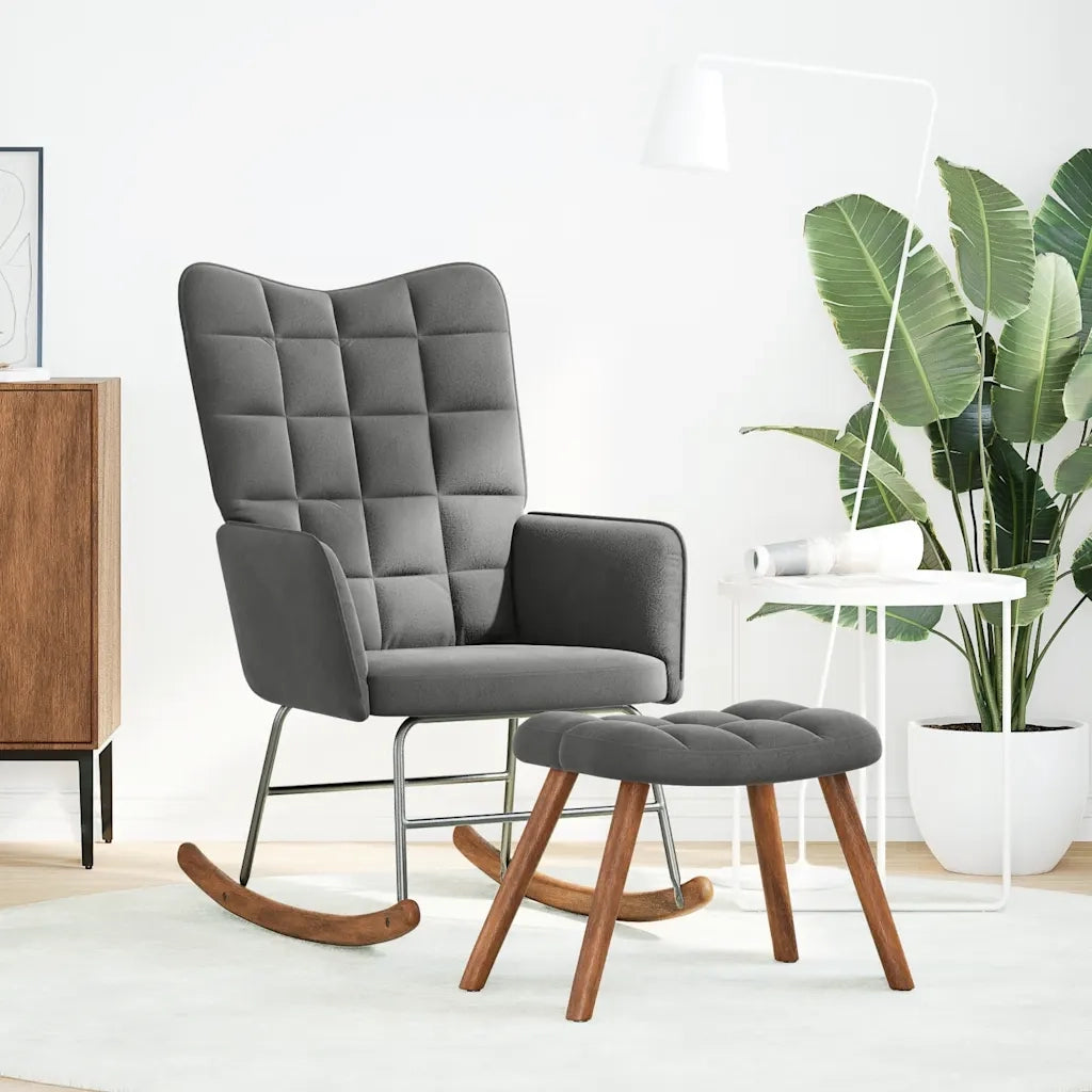 Sedia a dondolo con sgabello in velluto grigio scuro CFW9423281