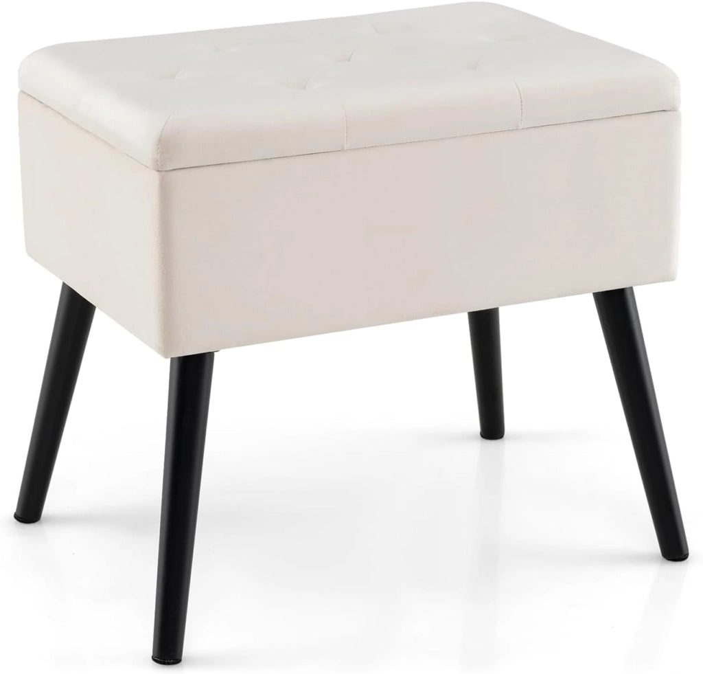 Sgabello in Velluto con Contenitore, Poggiapiedi per Soggiorno con Gambe in Legno Massello, Coperchio Ribaltabile, Sgabello per Cambiare Scarpe all’Ingresso (Beige)