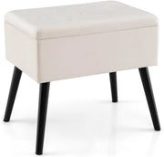 Sgabello in Velluto con Contenitore, Poggiapiedi per Soggiorno con Gambe in Legno Massello, Coperchio Ribaltabile, Sgabello per Cambiare Scarpe all’Ingresso (Beige)