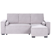 Divano letto angolare a 3 posti con rivestimento in tessuto grigio lato sinistro con braccioli contenitore reversibile stile moderno soggiorno