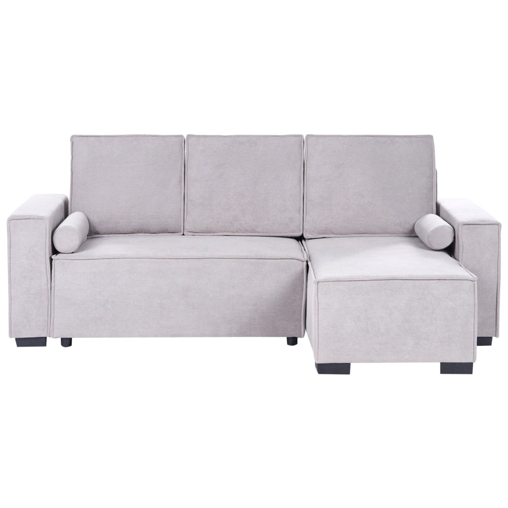 Divano letto angolare a 3 posti con rivestimento in tessuto grigio lato sinistro con braccioli contenitore reversibile stile moderno soggiorno