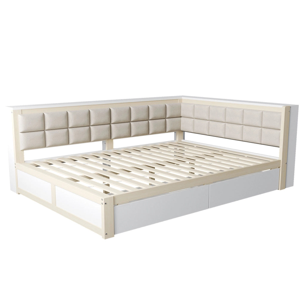 Divano letto 140x200 cm con schienale morbido e 2 cassetti in legno colore naturale