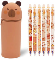 GVMJHYK 2 in 1 borsa di silicone morbida kawaii contenitore e 6 matite cancellabili estraibili contenitore in piedi contenitore per matite animale contenitore per bambina bambino - Capybara