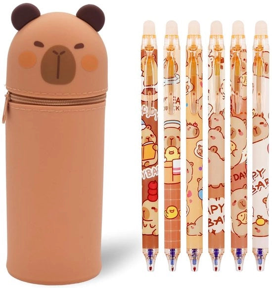 GVMJHYK 2 in 1 borsa di silicone morbida kawaii contenitore e 6 matite cancellabili estraibili contenitore in piedi contenitore per matite animale contenitore per bambina bambino - Capybara