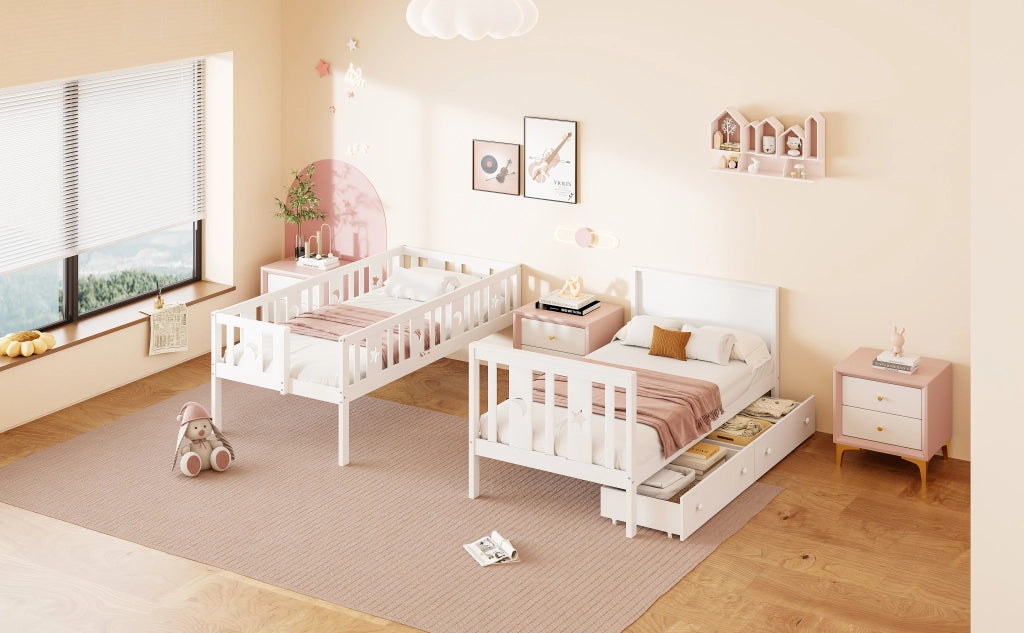 DESMIU Letto a castello per bambini 90 × 200 cm e 90 × 200 cm con scala contenitore, 2 cassetti, senza materasso, bianco