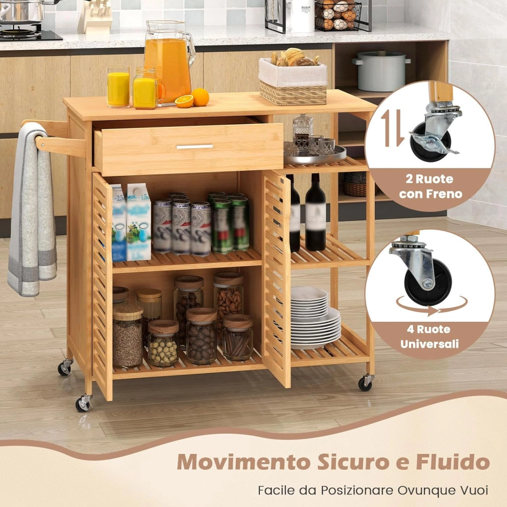 Carrello da Cucina, Mobile da Cucina in Bambù con Ruote Cassetto Ripiani Barra per Asciugamani e Armadio con 2 Porte, Organizzatore per Sala da Pranzo Soggiorno, 104x40x89 cm