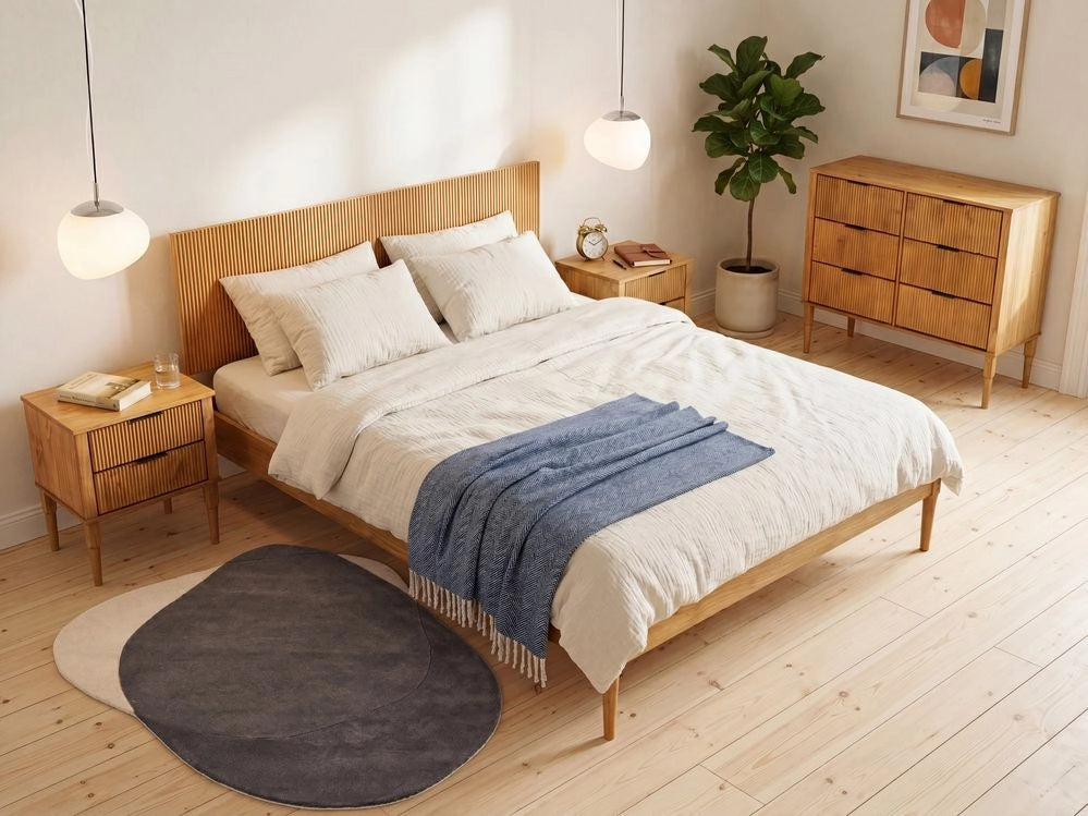 Set da camera da letto in legno di pino letto matrimoniale con 2 comodini e cassettiera a 6 cassetti 180 x 200 cm marrone chiaro stile scandinavo
