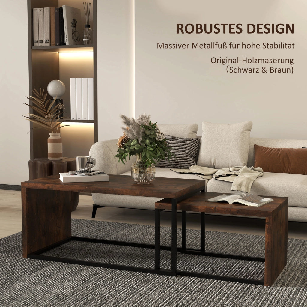 Set di 2 tavolini da salotto in MDF e metallo, colore Rustic Brown, design salvaspazio