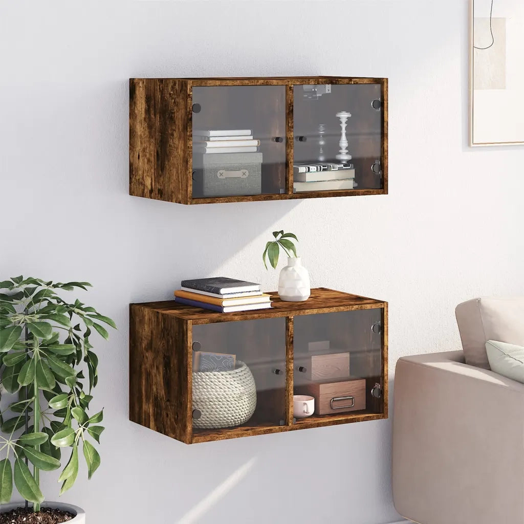 Armadietto a Muro | Mobili a Muro con Ante in Vetro 2 pz Rovere Fumo 68,5x37x35 cm