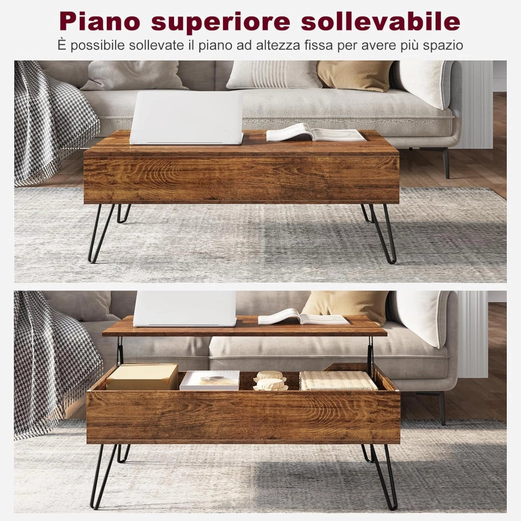 WOLTU Tavolino da Salotto, Tavolino da Caffè Sollevabile, Tavolino da Divano con Scomparto Nascosto, Stile Industriale, 95x50x(40-55,5) cm, Legno Marrone Vintage + Metallo Nero, BTS18hov