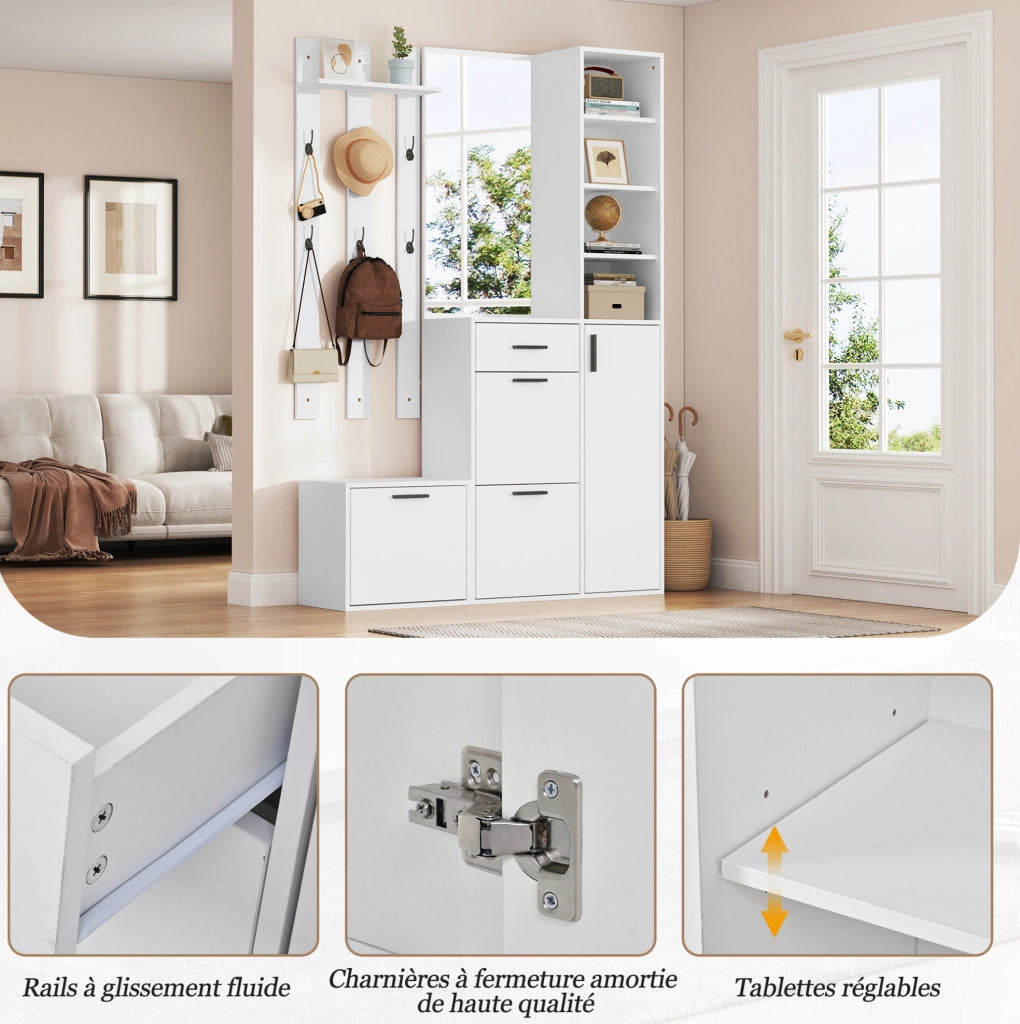 Mobile da ingresso con scarpiera; specchio e appendiabiti 120x30x178 cm in MDF e truciolare bianco