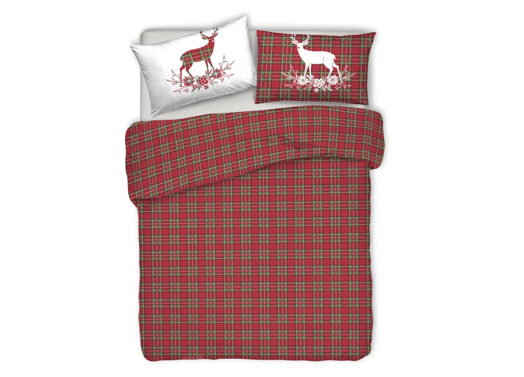 Copripiumino Sacco Piumone Pensieri Delicati 100% Cotone Dis. Cervo Tartan - Singolo - Rosso