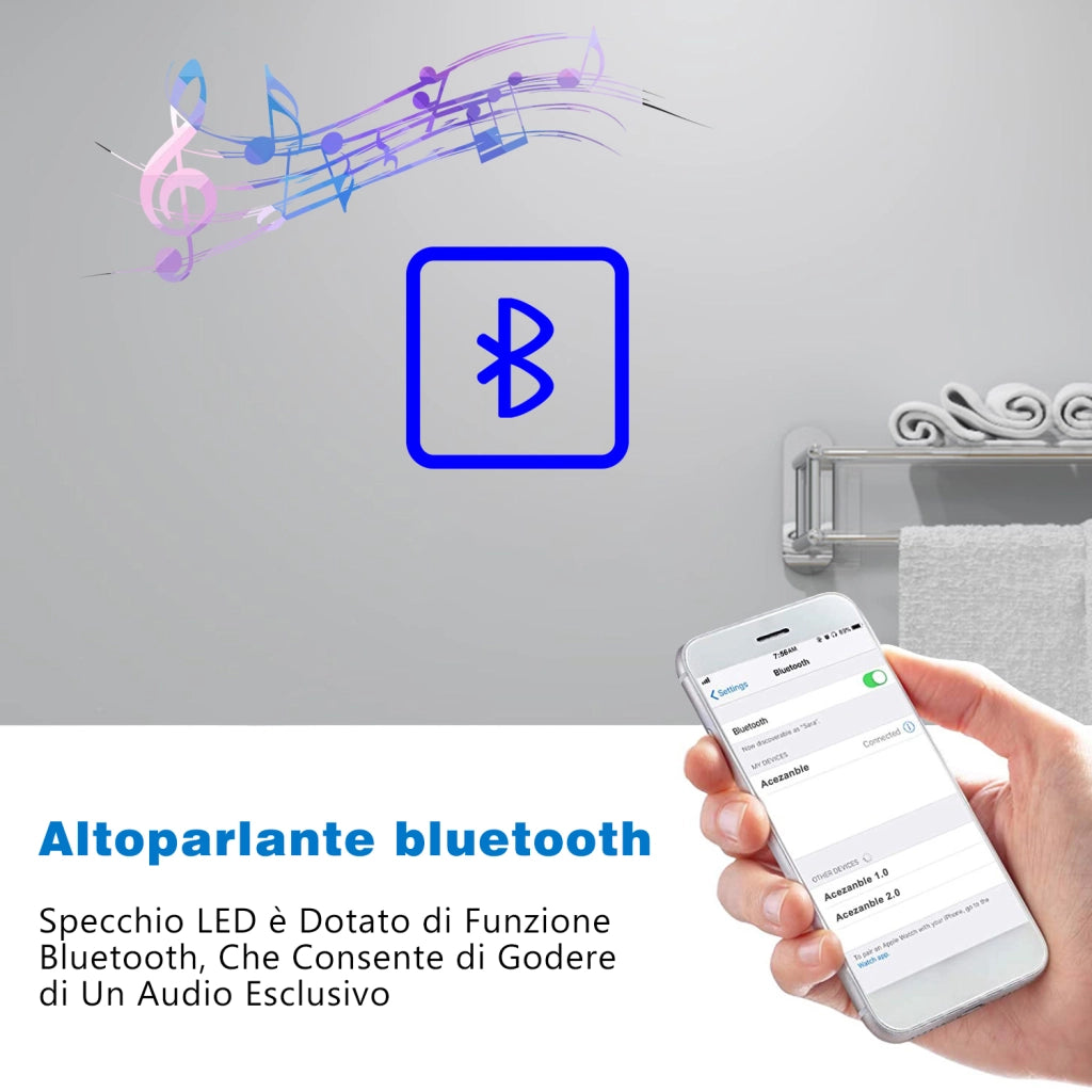 Aica Specchio da bagno a LED+140x80cm+Disappannamento+orologio+Bluetooth+3 Temperature di Colore