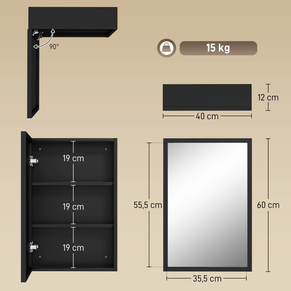 Armadietto Bagno Specchio Sospeso ¨C Zephmum ¨C Nero Acciaio 40x12x60 cm