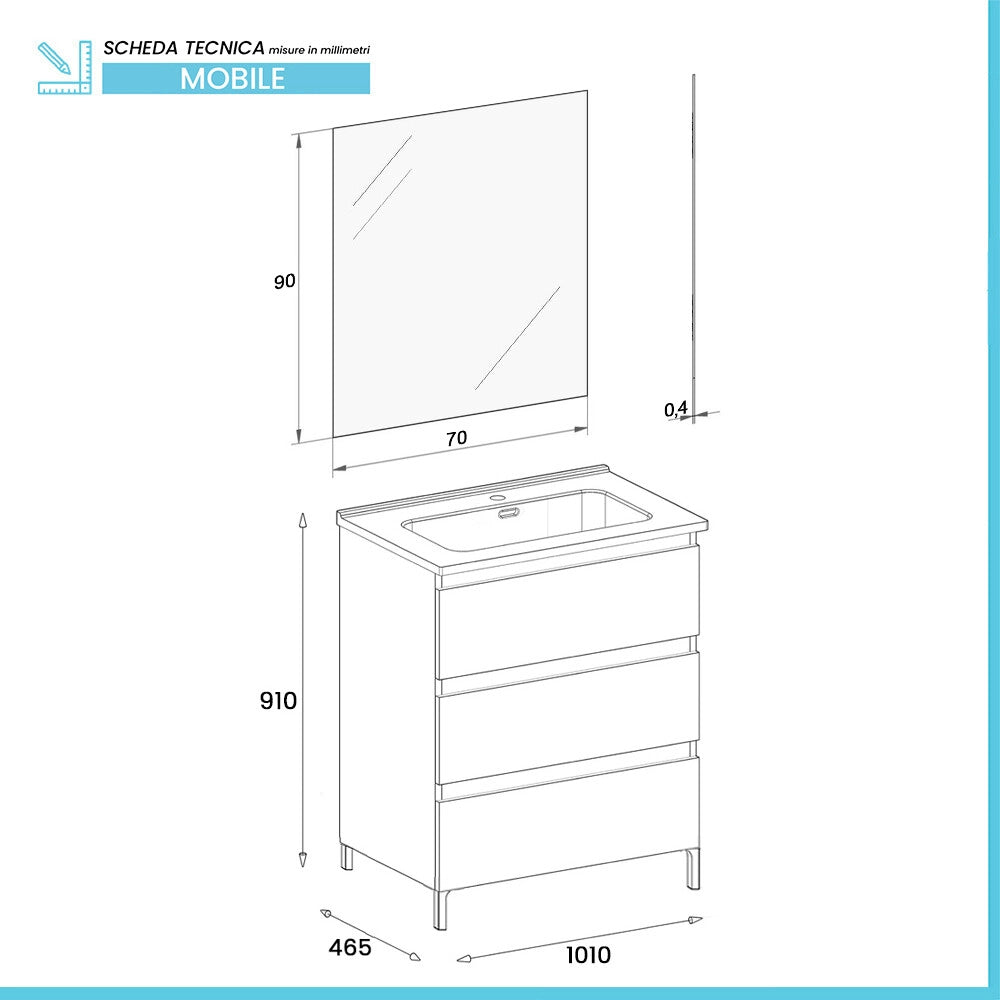 Mobile bagno a terra 100 cm in quercia bianca con lavabo e specchio Leda