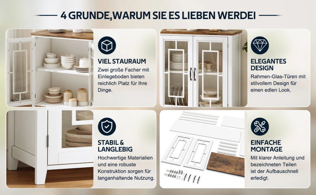 Credenza da cucina 160 cm con ante in vetro, ripiani interni, piano effetto legno e sistema antiribaltamento