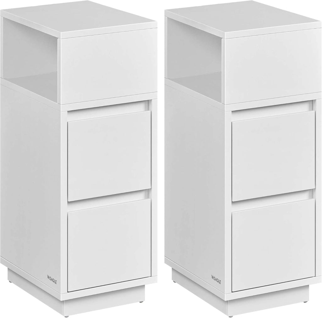 VASAGLE Kailyn Collection - Comodino stretto, set di 2, tavolino, 2 cassetti e vano aperto, montaggio a sinistra o a destra, camera da letto, soggiorno, beige naturale e bianco nuvola LET856N01