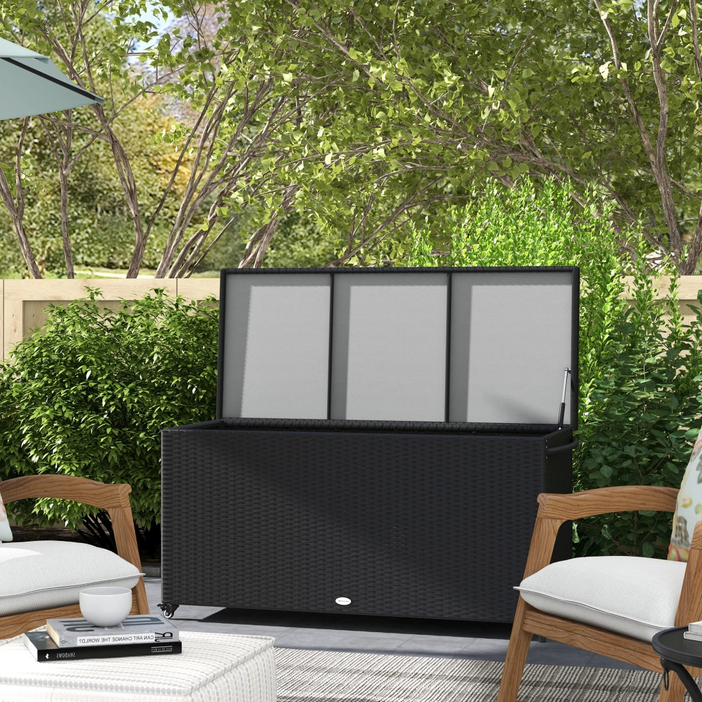 Baule da Giardino in Rattan PE con Ruote e Maniglia Laterale, 121x57x67cm, Nero