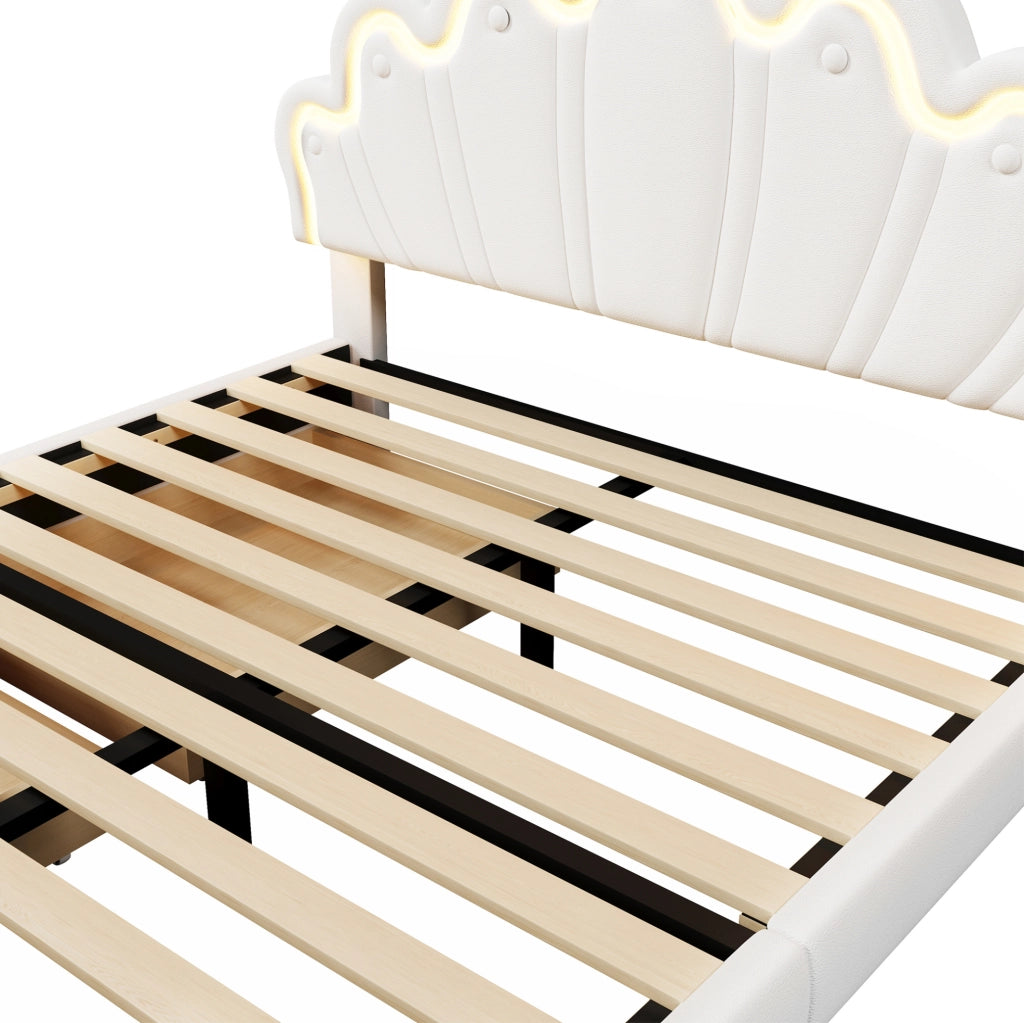 Letto per bambini 140x200 cm con LED; 2 cassetti e testiera regolabile; similpelle bianca e rosa