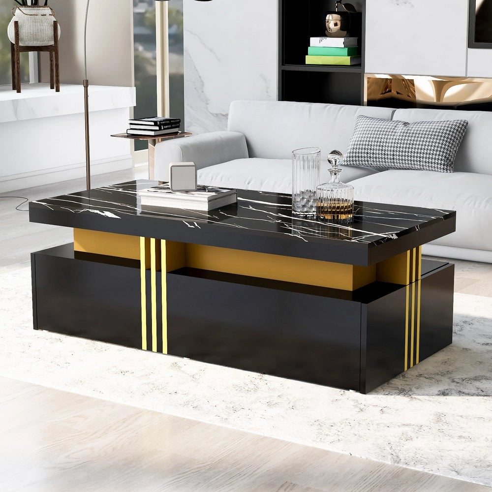 Tavolino da Caff¨¨ Rettangolare ¨C Xylo ¨C Piano Effetto Marmo, 2 Cassetti, Lucido, 100x50x40