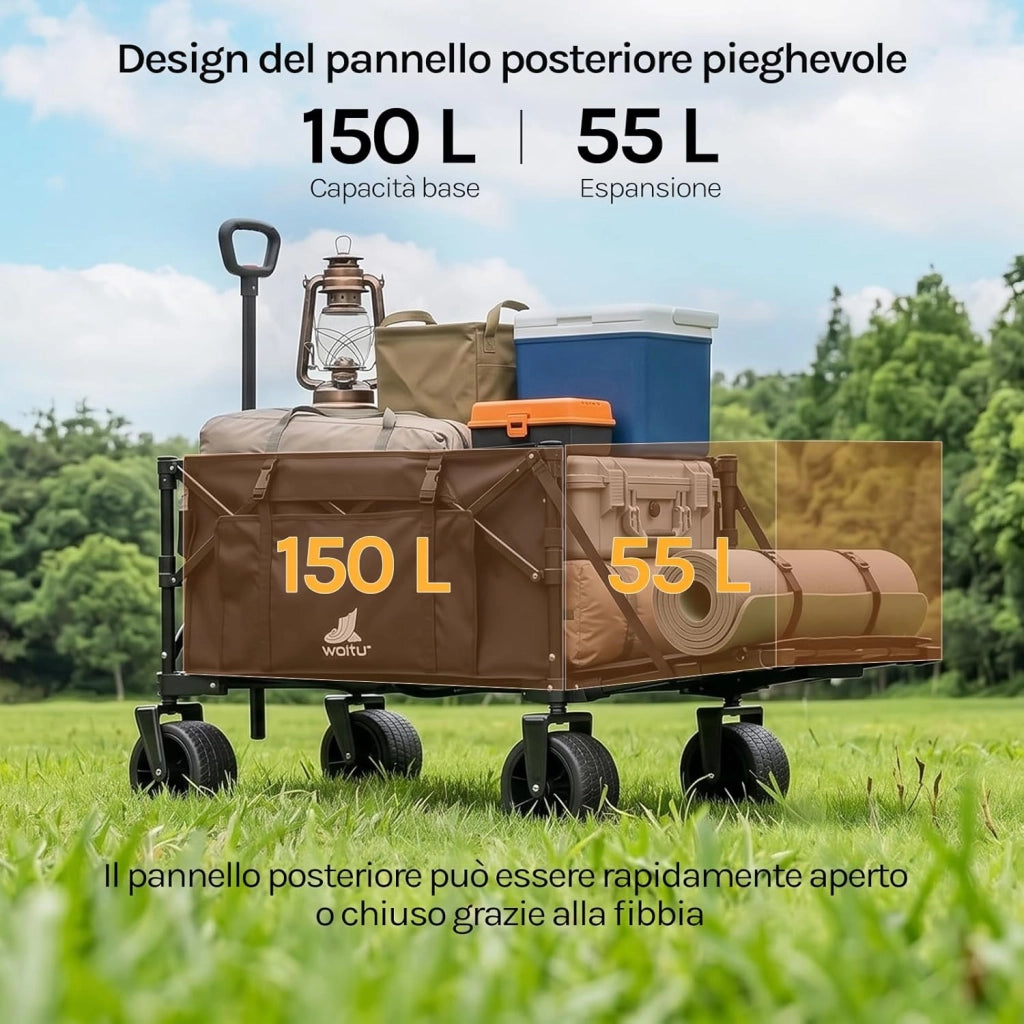 Carrello da Giardino con Ripiano Posteriore Ribaltabile, 205 L, Portata 180 kg, Carrello Pieghevole con 4 Ruote Grandi, Borsa Laterale, 2 Tasche Interne e 2 Portabicchieri, per Campeggio, Nero