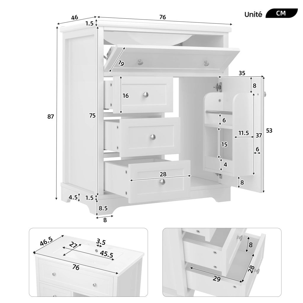 Mobile sottolavabo con lavabo in ceramica, 1 anta e 4 cassetti, finitura laccata, per bagno, bianco, 76 × 46 × 87 cm