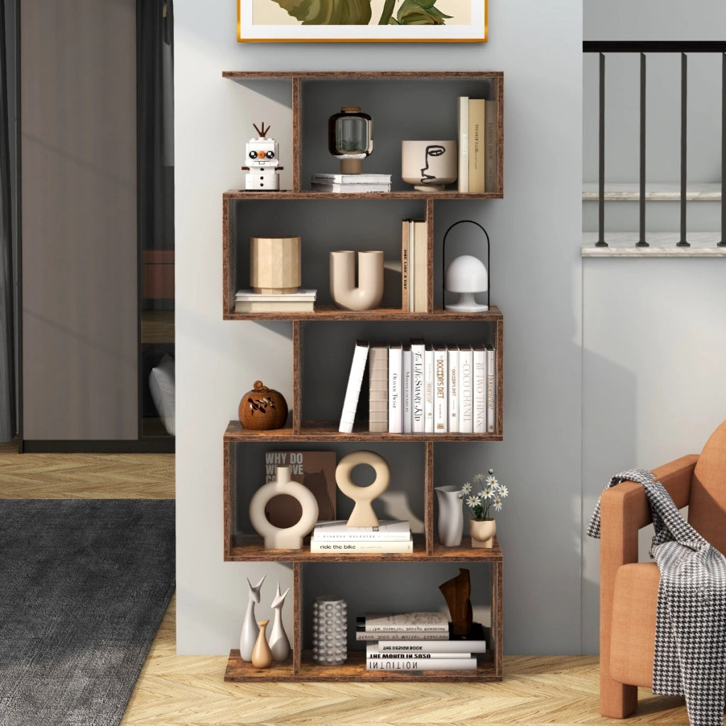 Scaffale a 5 ripiani con dispositivo antiribaltamento-Libreria geometrica a forma di S Marrone