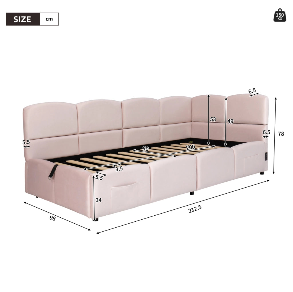 Letto singolo imbottito 90x200 cm con contenitore idraulico; USB-A e USB-C; velluto rosa
