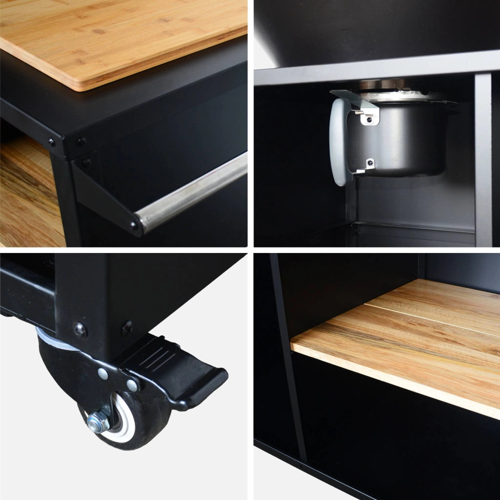 Braciere barbecue ø80cm, carrello con spazi di stoccaggio, coperchio e