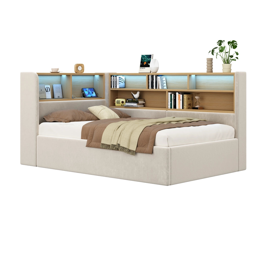 Letto a baldacchino 90x200 cm con contenitore idraulico, testiera con LED, USB-C e tessuto effetto velluto beige