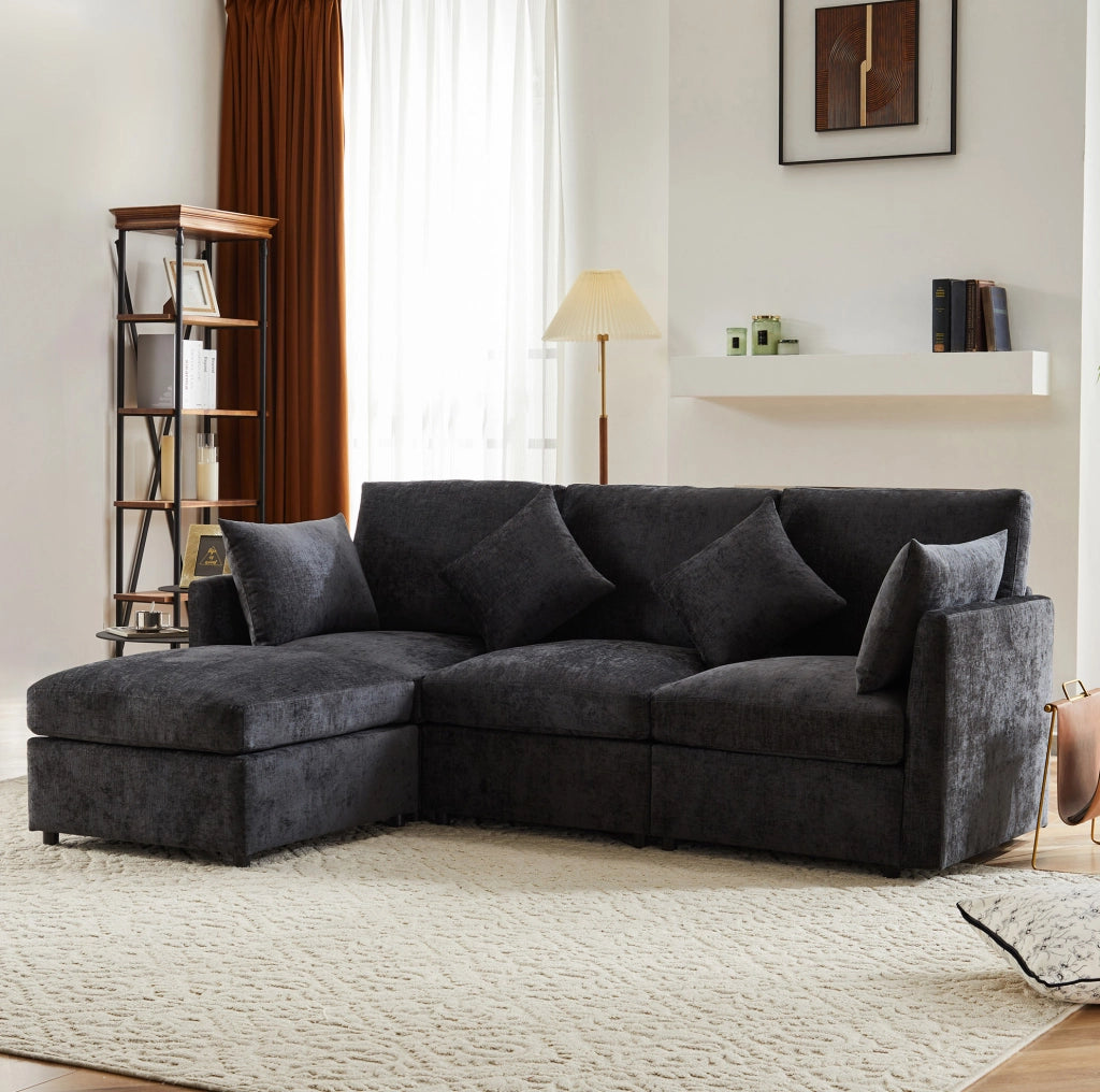 Divano modulare angolare 216x161x81 cm con pouf mobile in chenille grigio